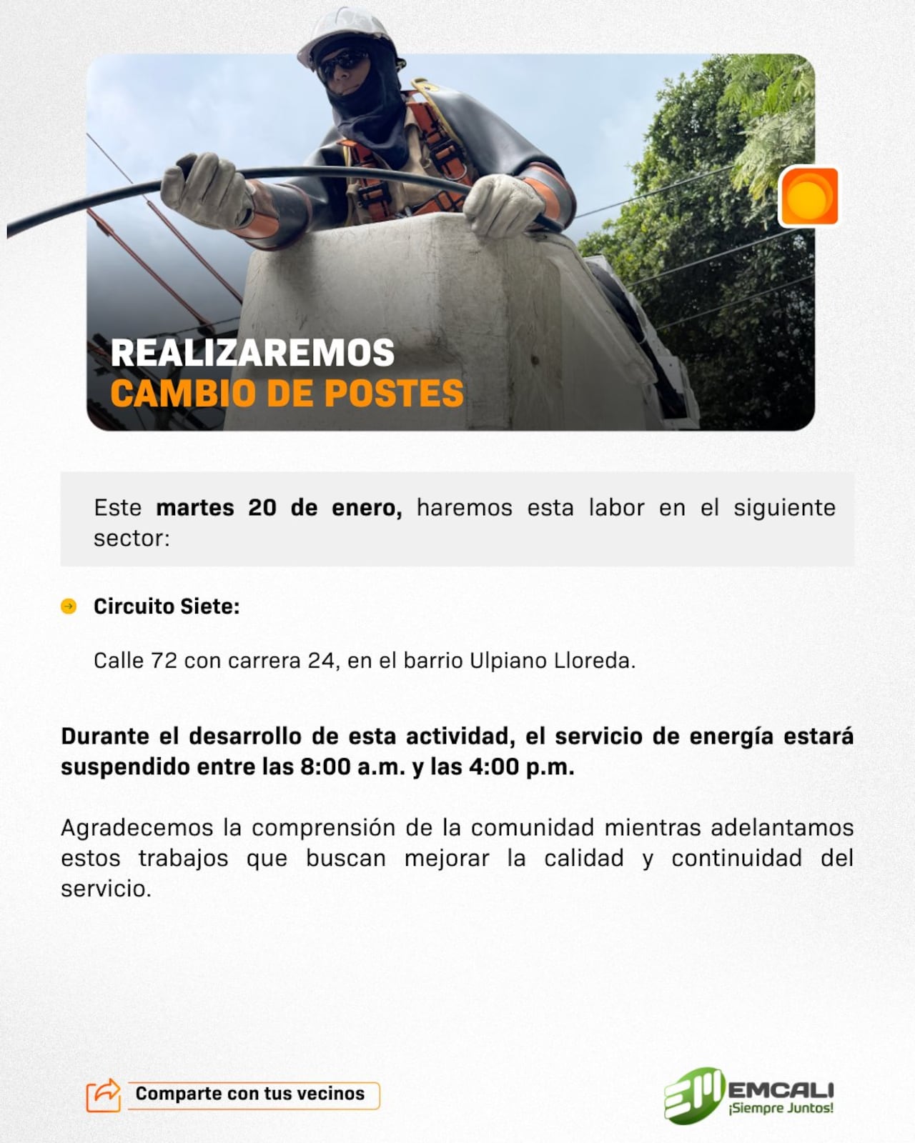 En cuanto al servicio de energía, la entidad adelantará dos frentes de trabajo importantes.