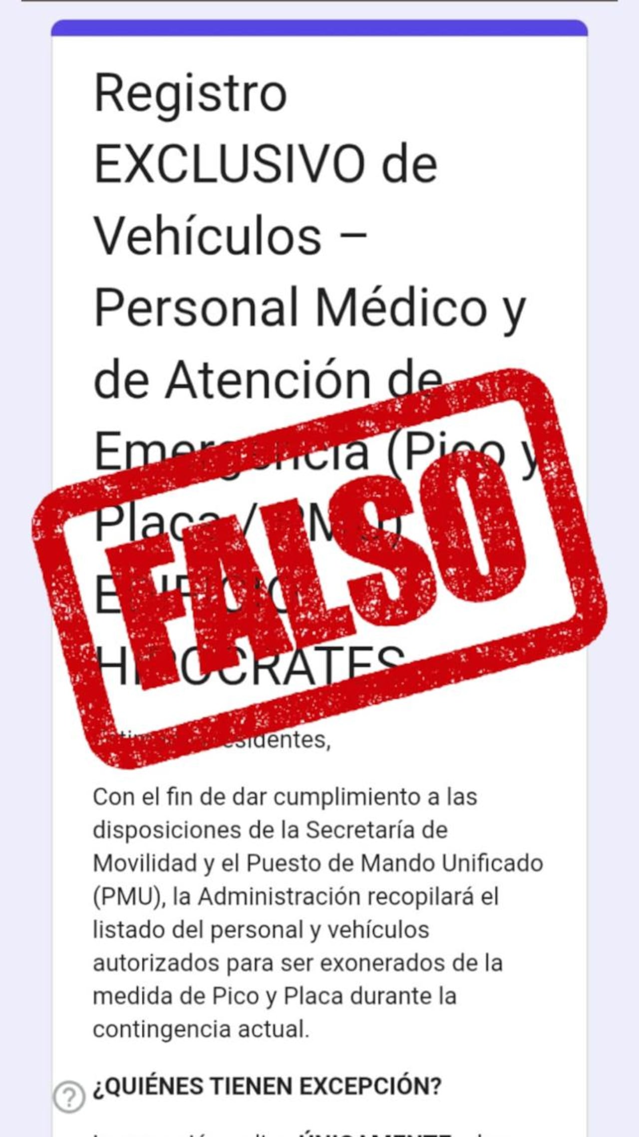 Formulario falso para supuesta exclusión del pico y placa en Cali. La Secretaría de Movilidad lo desmintió.