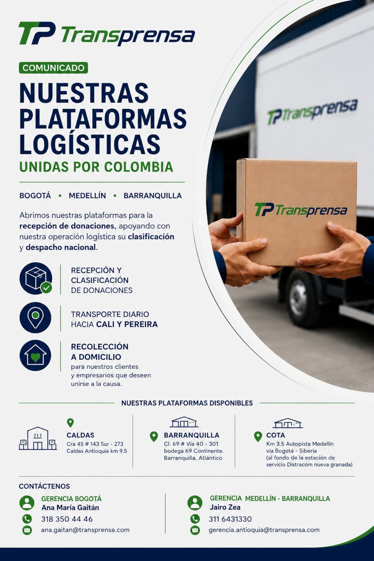 Anuncio oficial de Transprensa para las donaciones por el terremoto.