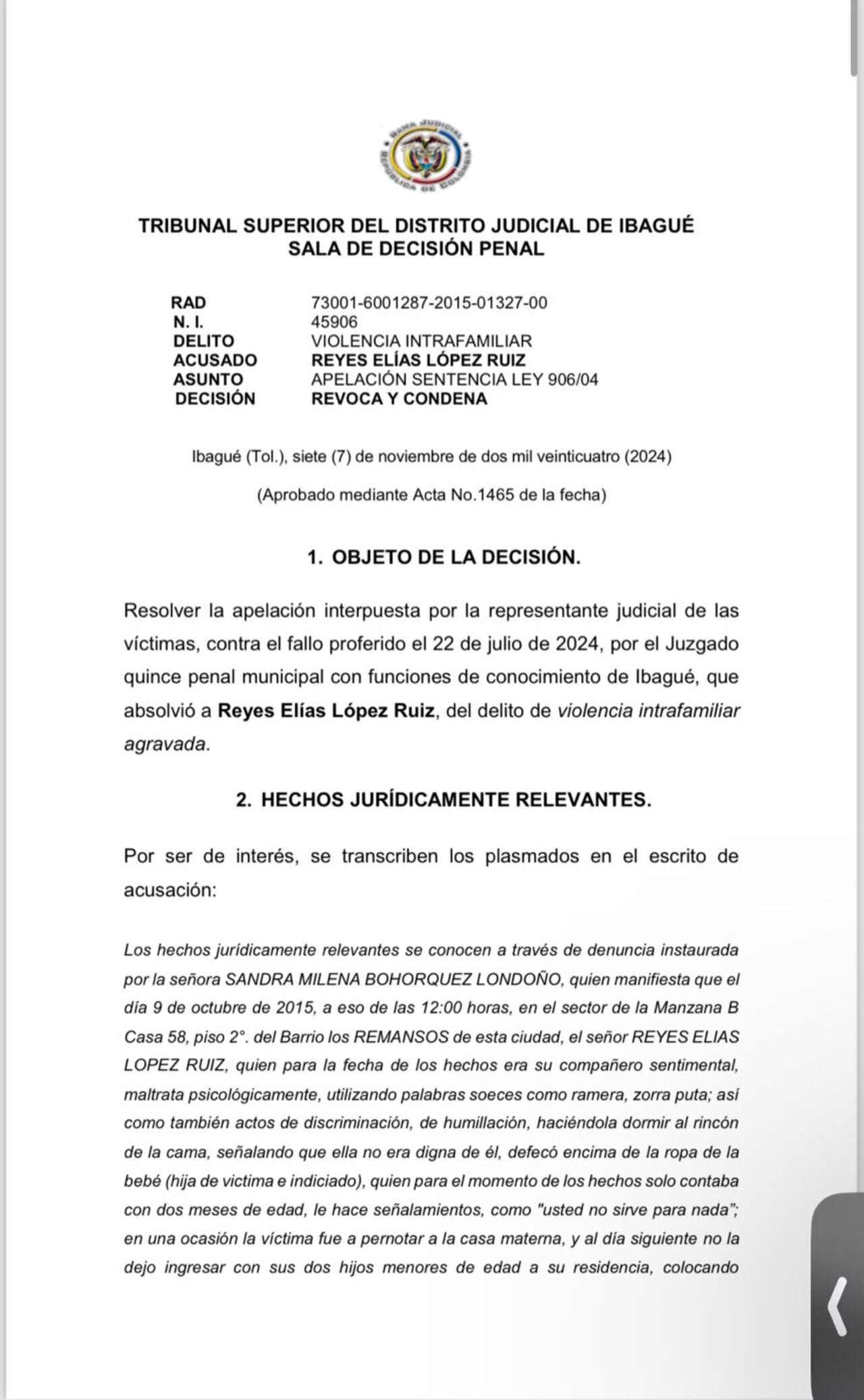 Esta es una de las páginas de la decisión de las autoridades.