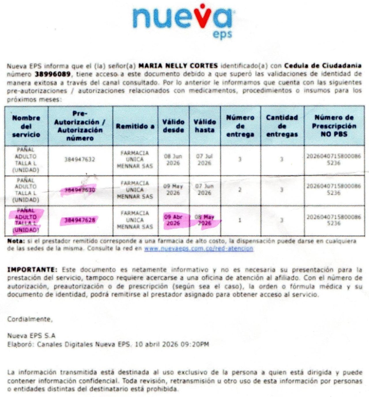 Este documento muestra que se hizo la constancia de que quedaba pendiente una entrega de pañales, pero en el sistema de la Nueva EPS ya no aparece el registra, dándose por sentada de que estos se entregaron al paciente, cuando en la realidad no es así.