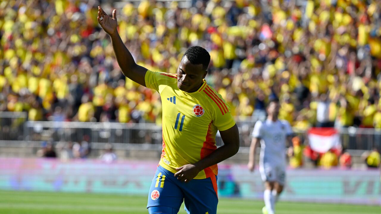 Colombia's Jhon Arias celebrates his goal during an international friendly soccer match against Bolivia at Pratt & Whitney Stadium at Rentschler Field, Saturday, June 15, 2024, in East Hartford, Conn. (AP Photo/Jessica Hill)