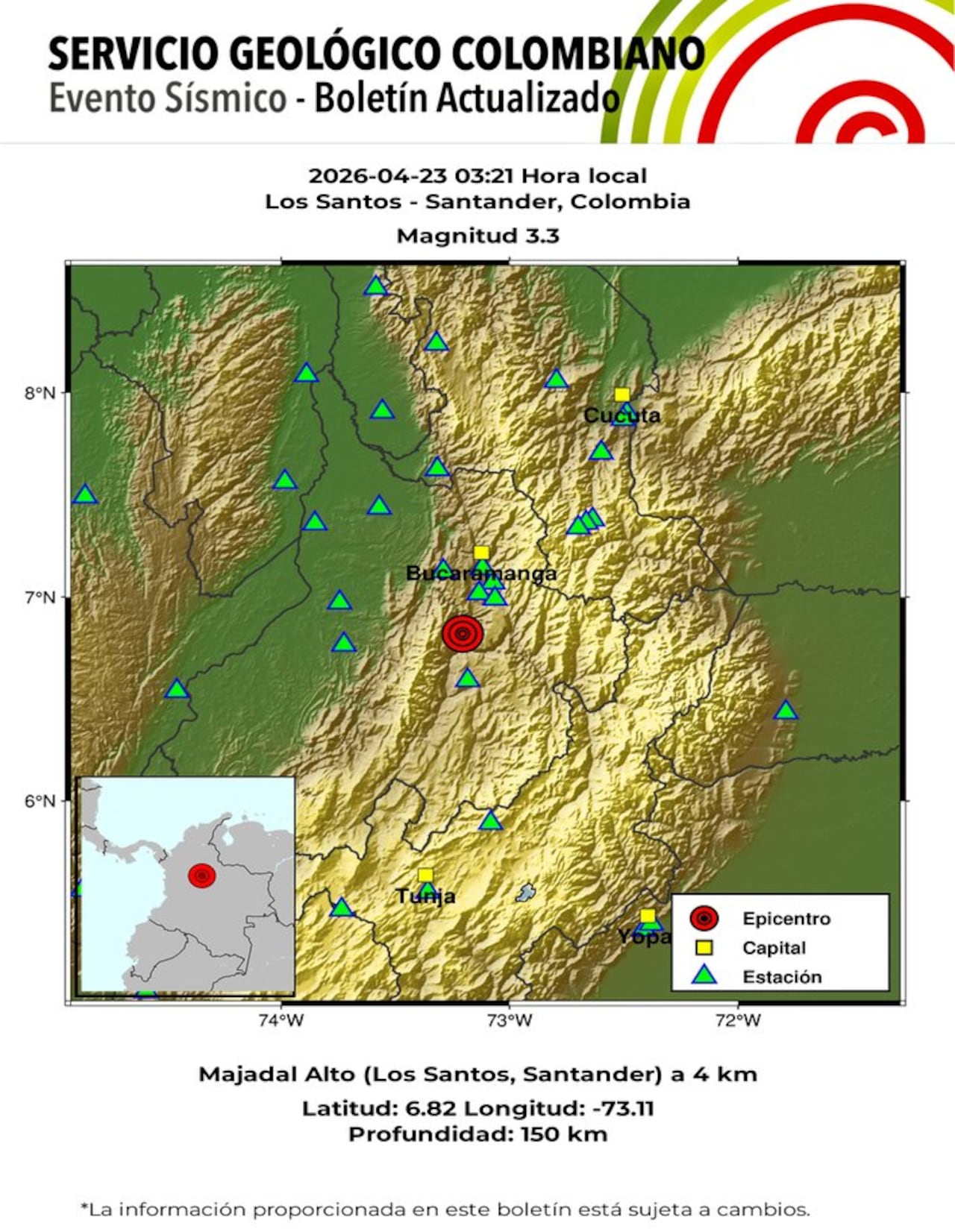 Evento Sísmico - Boletín Actualizado 1, 2026-04-23, 03:21 hora local: Magnitud 3.3, Profundidad 150 km, Los Santos - Santander, Colombia.
