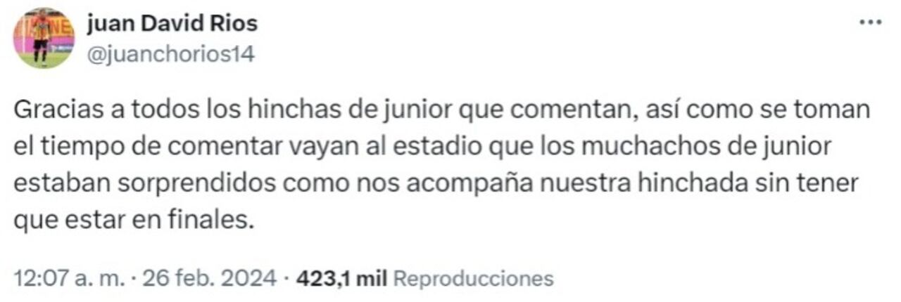 Trino de Juan David Ríos a la hinchada del Junior de Barranquilla.