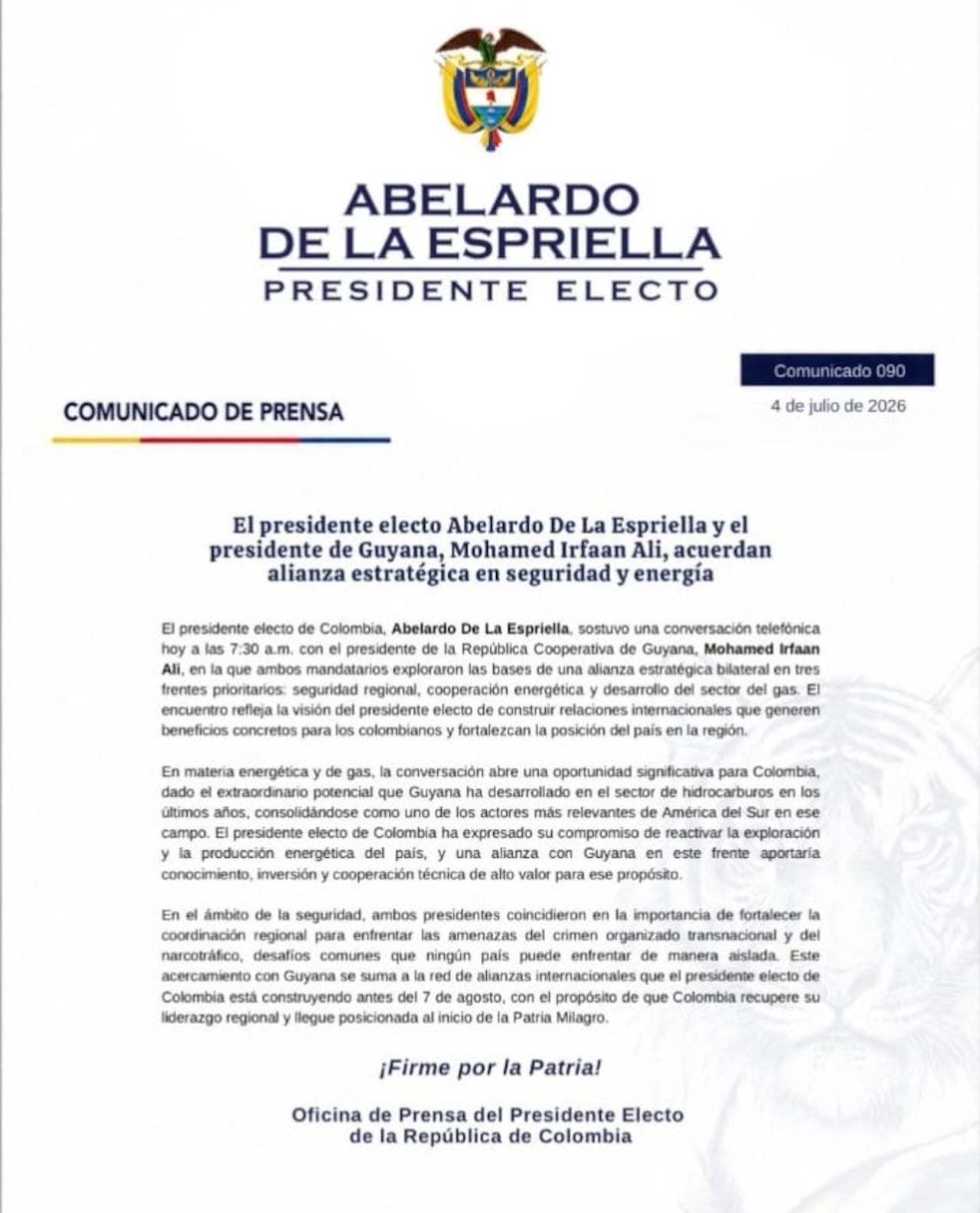 Acuerdo para impulsar una alianza estratégica en seguridad y energía.