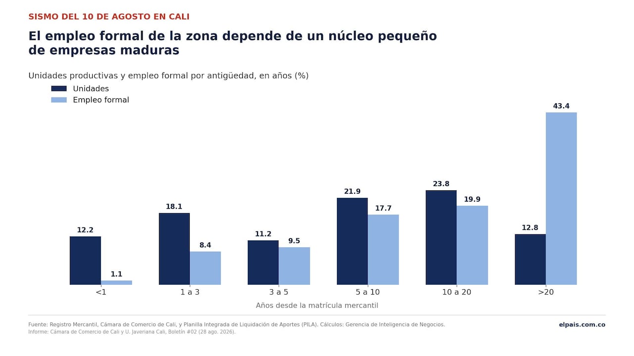 Solo 51 empresas grandes (1% del total) sostienen el 28,5% del empleo formal de la zona. Fuente: Cámara de Comercio de Cali y U. Javeriana Cali.