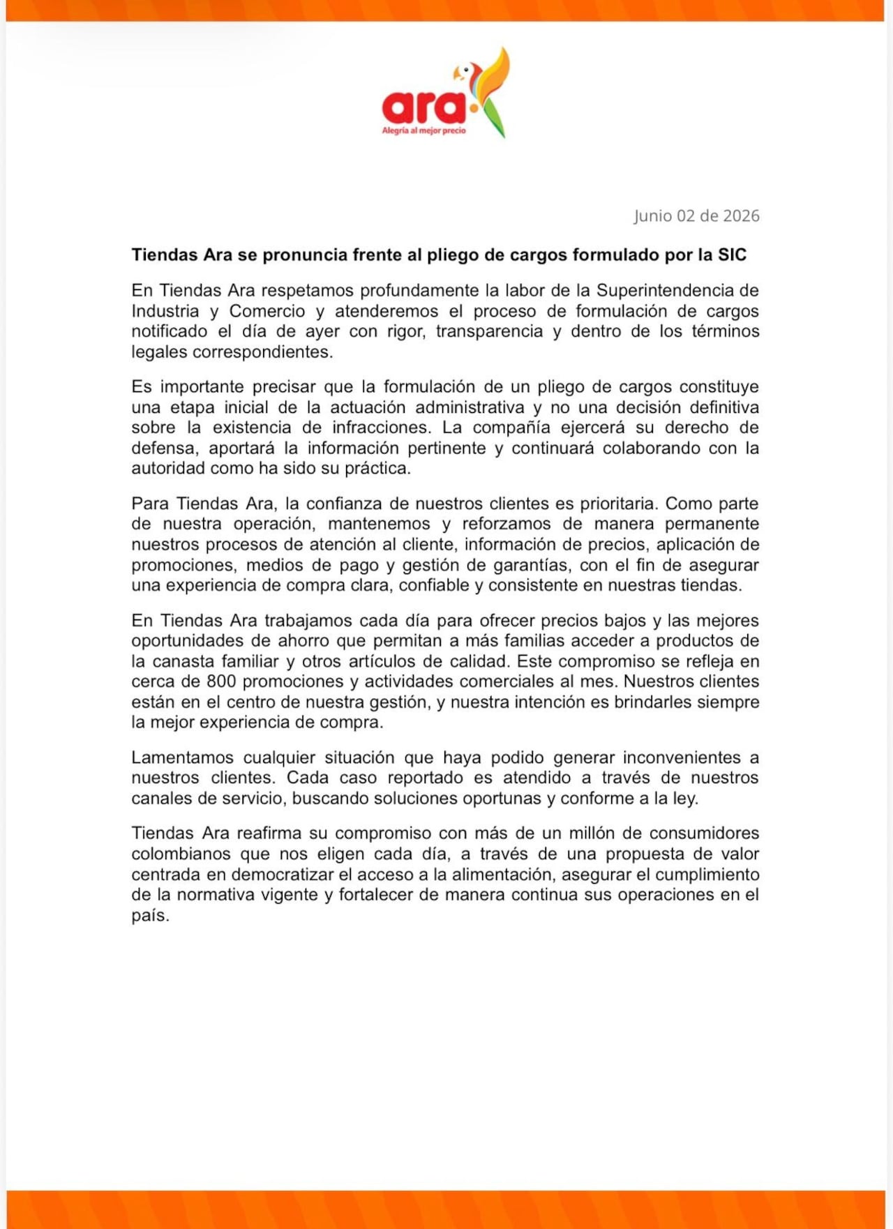 A través de un comunicado la compañía reiteró su compromiso con los consumidores y el cumplimiento de la normativa vigente.