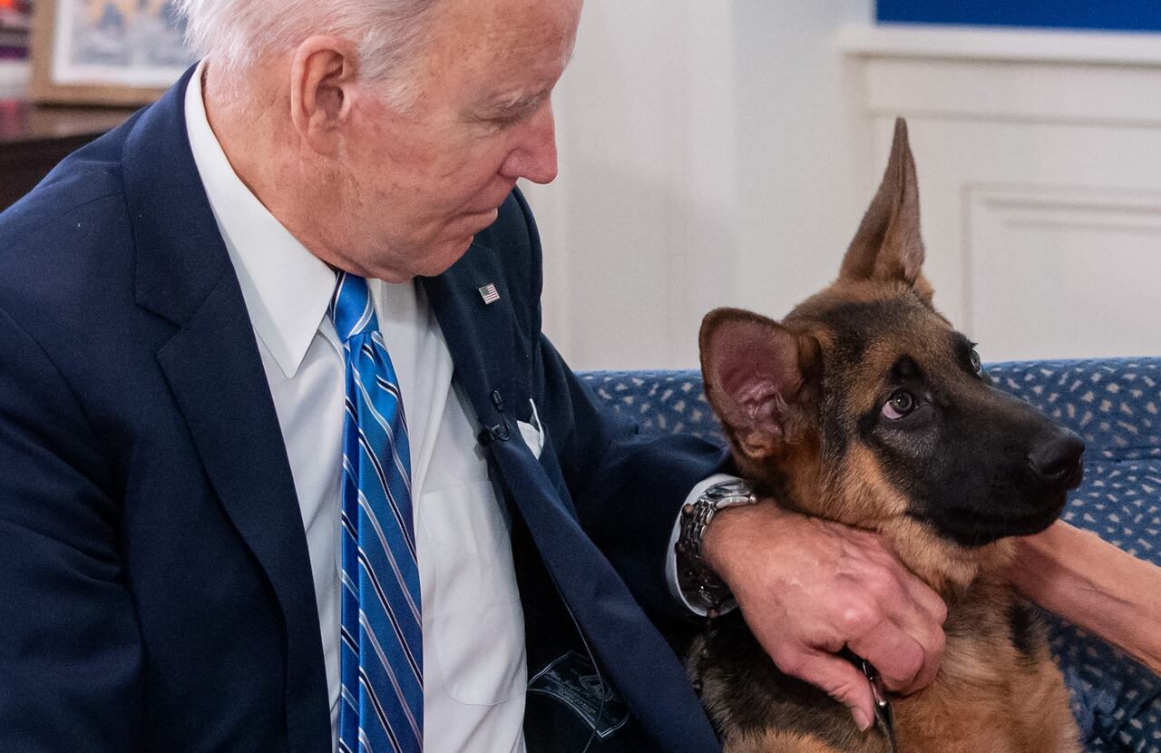 El presidente de EE. UU., Joe Biden, acaricia a su perro Commander.