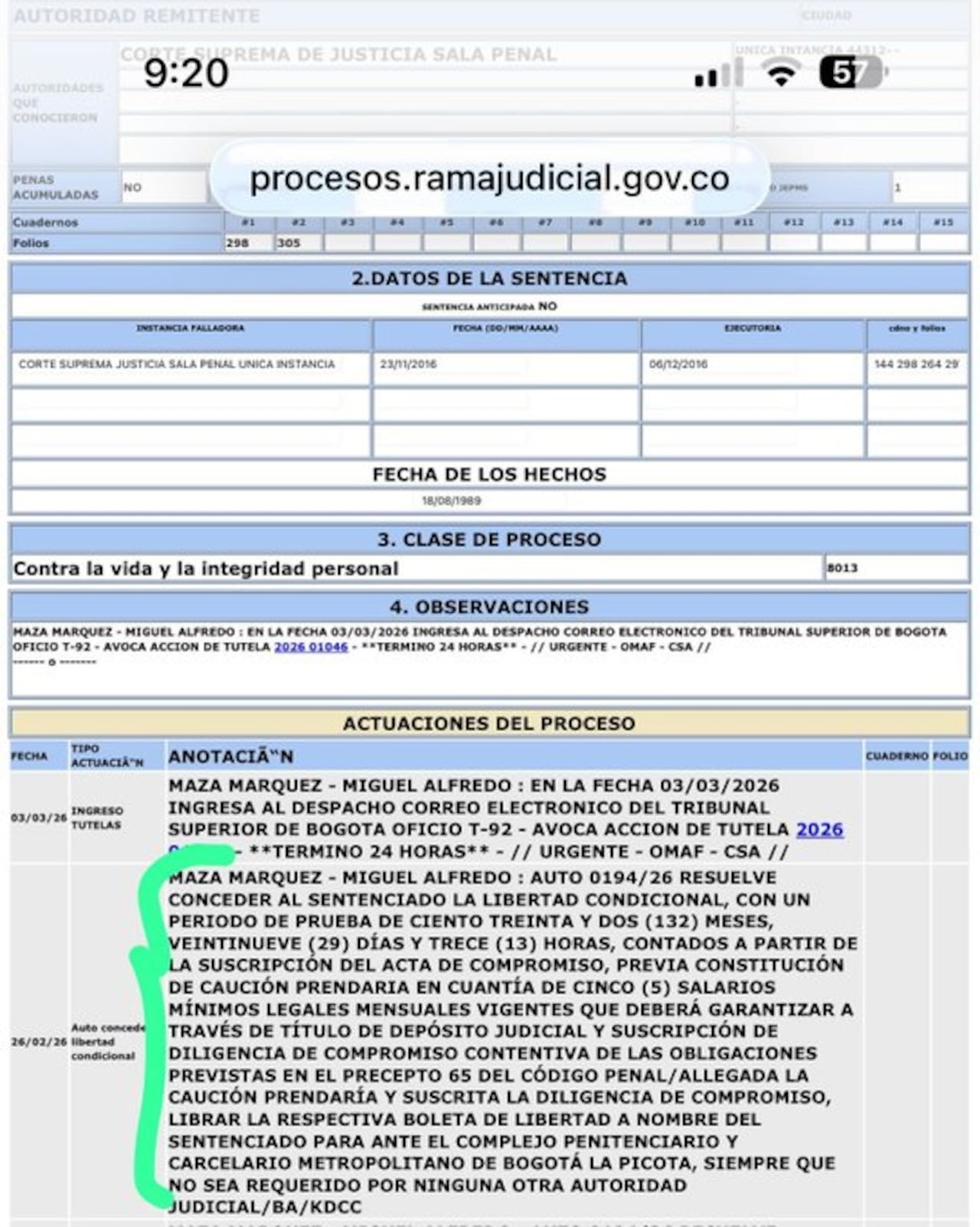 Auto de libertad del general en retiro Miguel Maza Márquez.