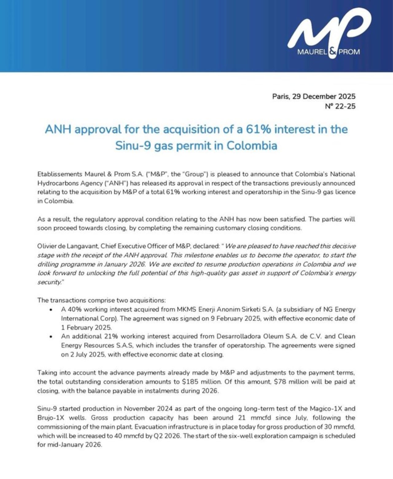 Con aval del Gobierno Petro, Maurel & Prom adquiere control mayoritario del proyecto Sinu-9