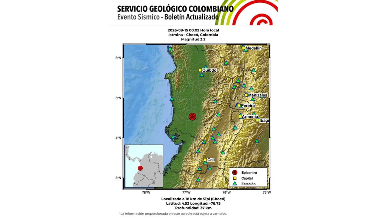 Itsmina, Chocó reporto movimiento sismico a las 12:02 a. m., hora local, con una magnitud de 3,2 y una profundidad de 37 kilómetros,
