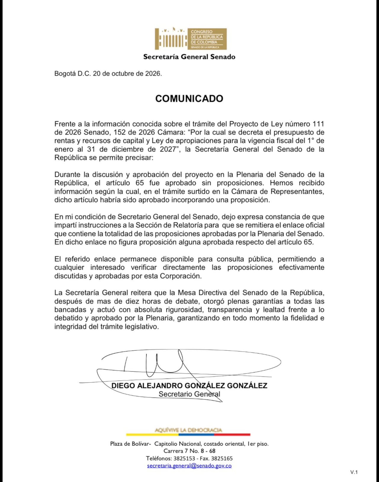 Secretaría general del Senado confirmó diferencias e el artículo 65 que se votó en Cámara y el que se votó en Senado.