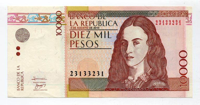 Billete de 10.000 pesos con la imagen de Policarpa Solavarrieta.