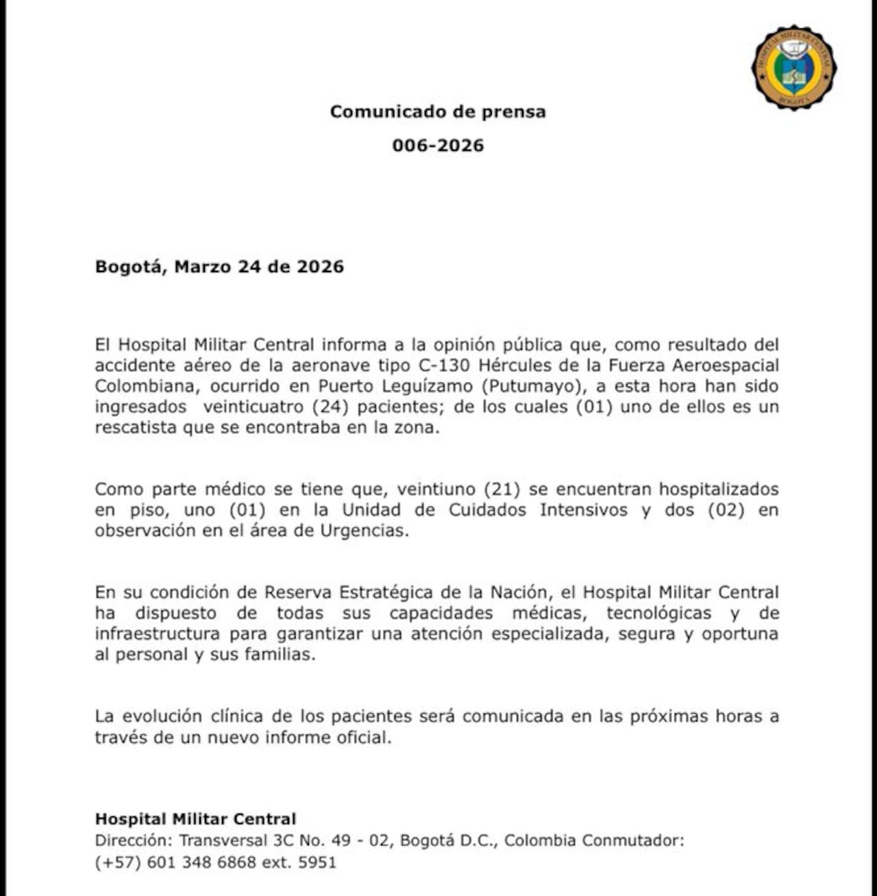 Comunicado emitido por el Hospital Militar este martes, 24 de marzo de 2026.