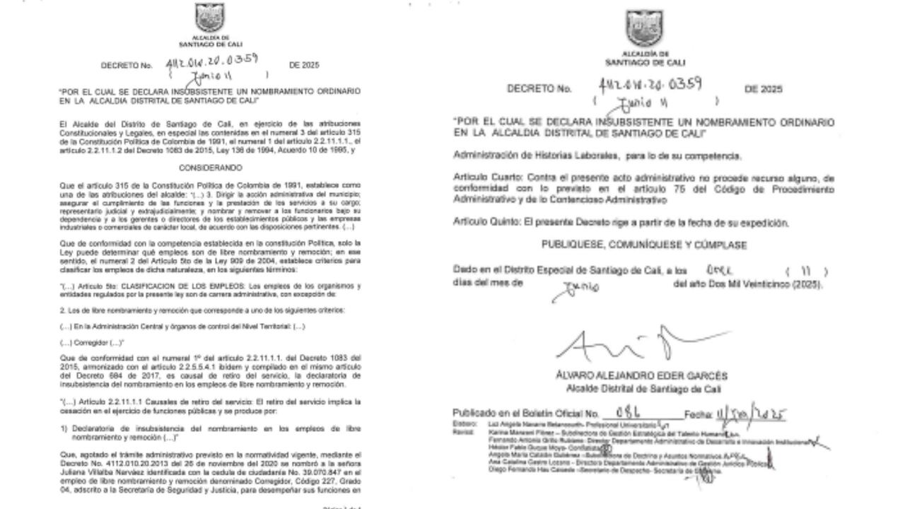 La Alcaldía de Cali declaró insubsistente a Juliana Villalba a través del decreto 351 del 11 de junio de 2025.