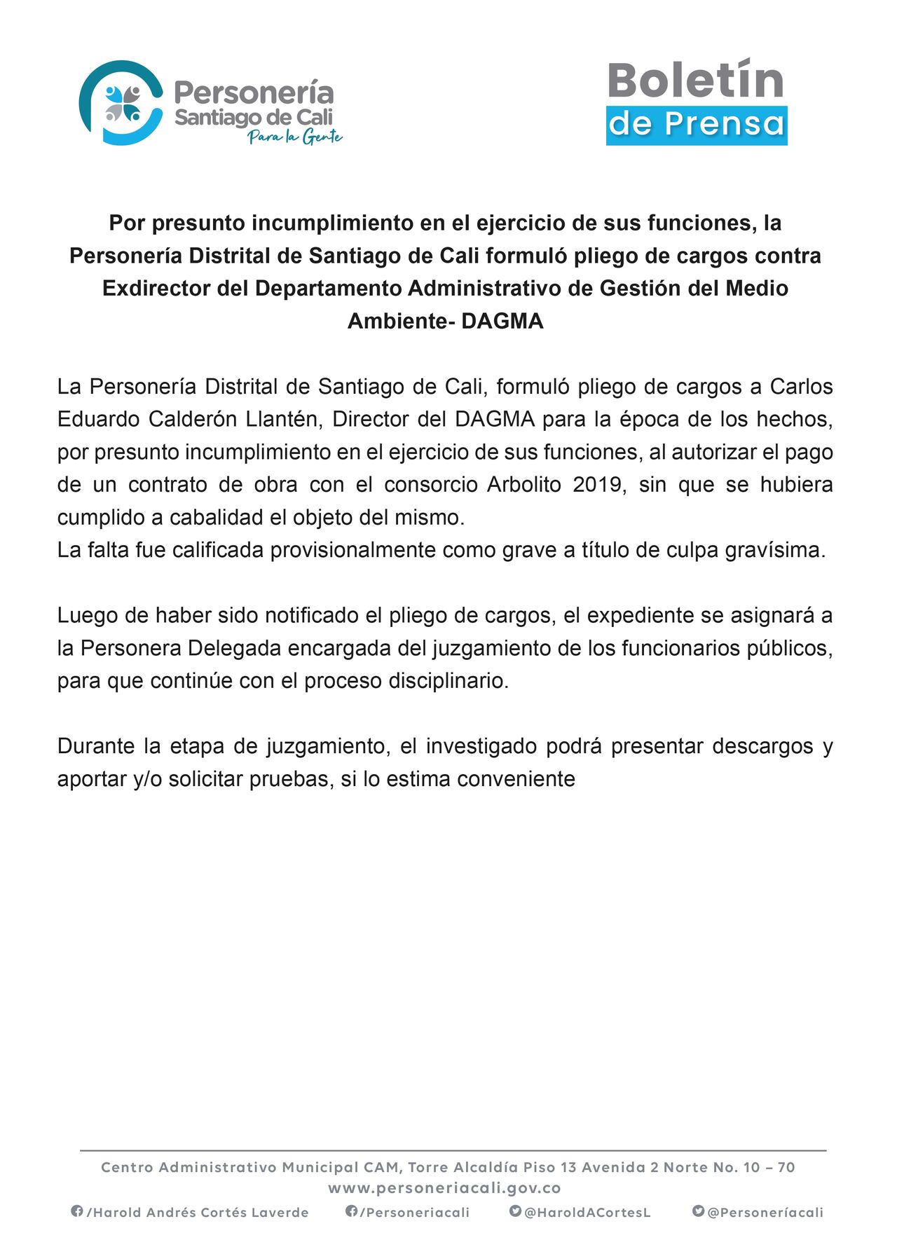 Este es el comunicado publicado hoy por la Personería Distrital de Cali.