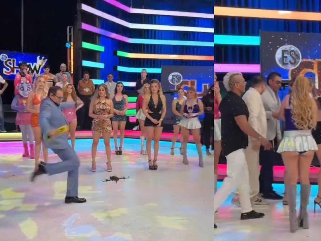 El momento exacto en que el dispositivo volador fue pateado durante la emisión en vivo del programa 'Es Show' en la televisión mexicana.