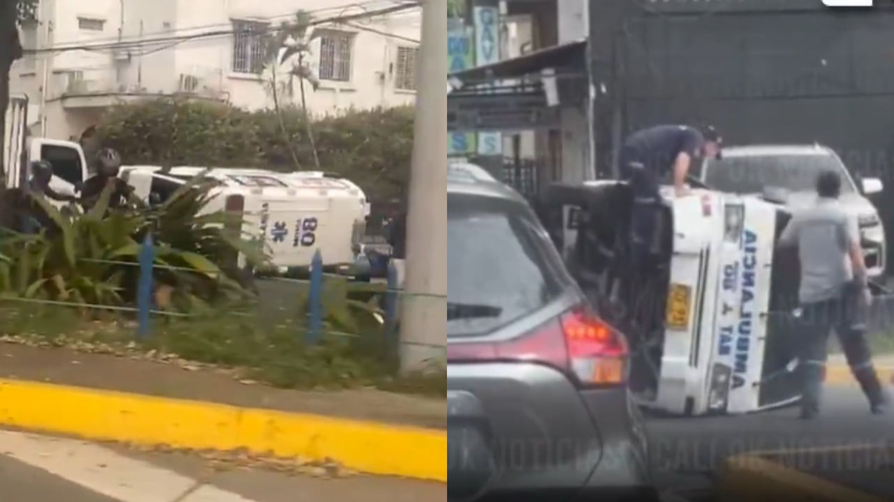 Ambulancia volcada en el norte de Cali en inmediaciones del Club Colombia.