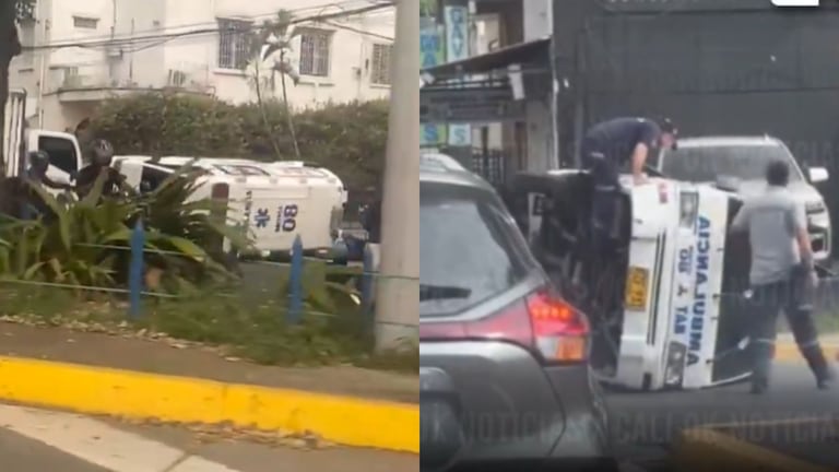 Ambulancia volcada en el norte de Cali en inmediaciones del Club Colombia.