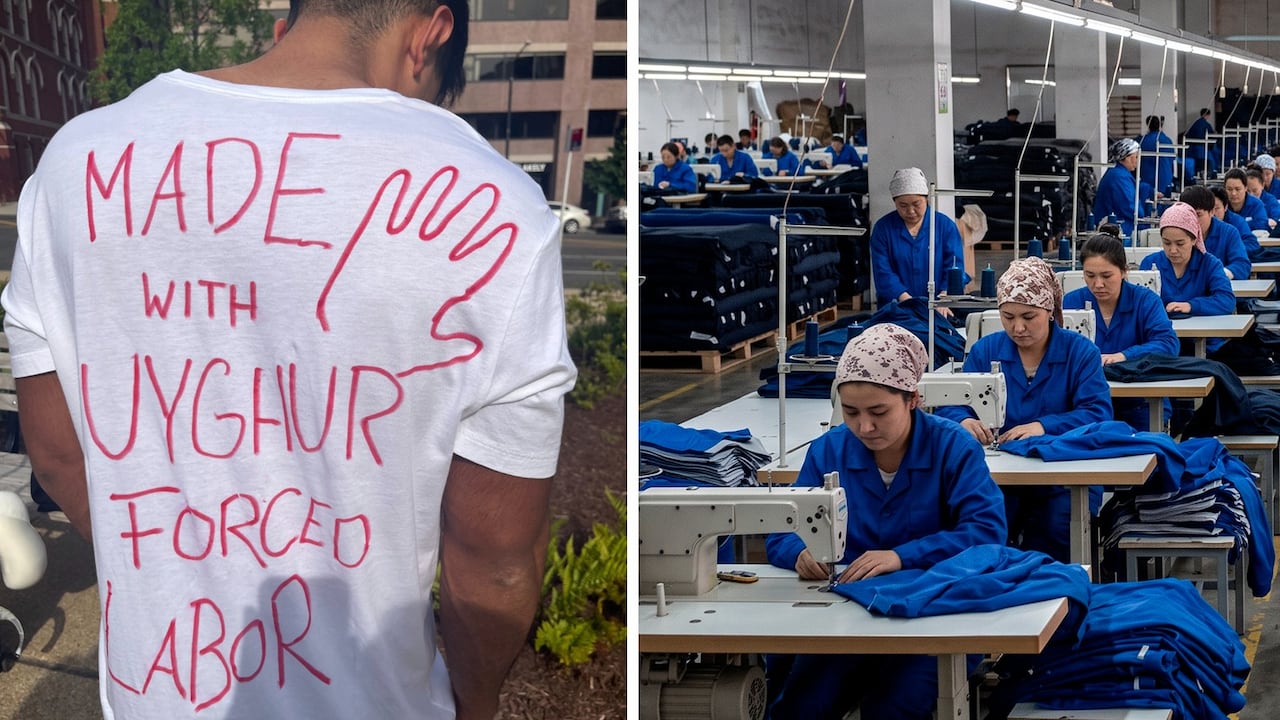 A través de diversos mensajes que llevan durante las manifestaciones de los Uigur en países de Europa, insisten en dar a conocer que buena parte de los productos textiles llegados desde maquilas en China son realizados por comunidad Uigur condenada a la esclavitud laboral.