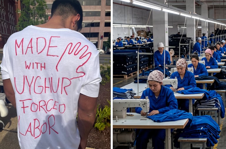 A través de diversos mensajes que llevan durante las manifestaciones de los Uigur en países de Europa, insisten en dar a conocer que buena parte de los productos textiles llegados desde maquilas en China son realizados por comunidad Uigur condenada a la esclavitud laboral.