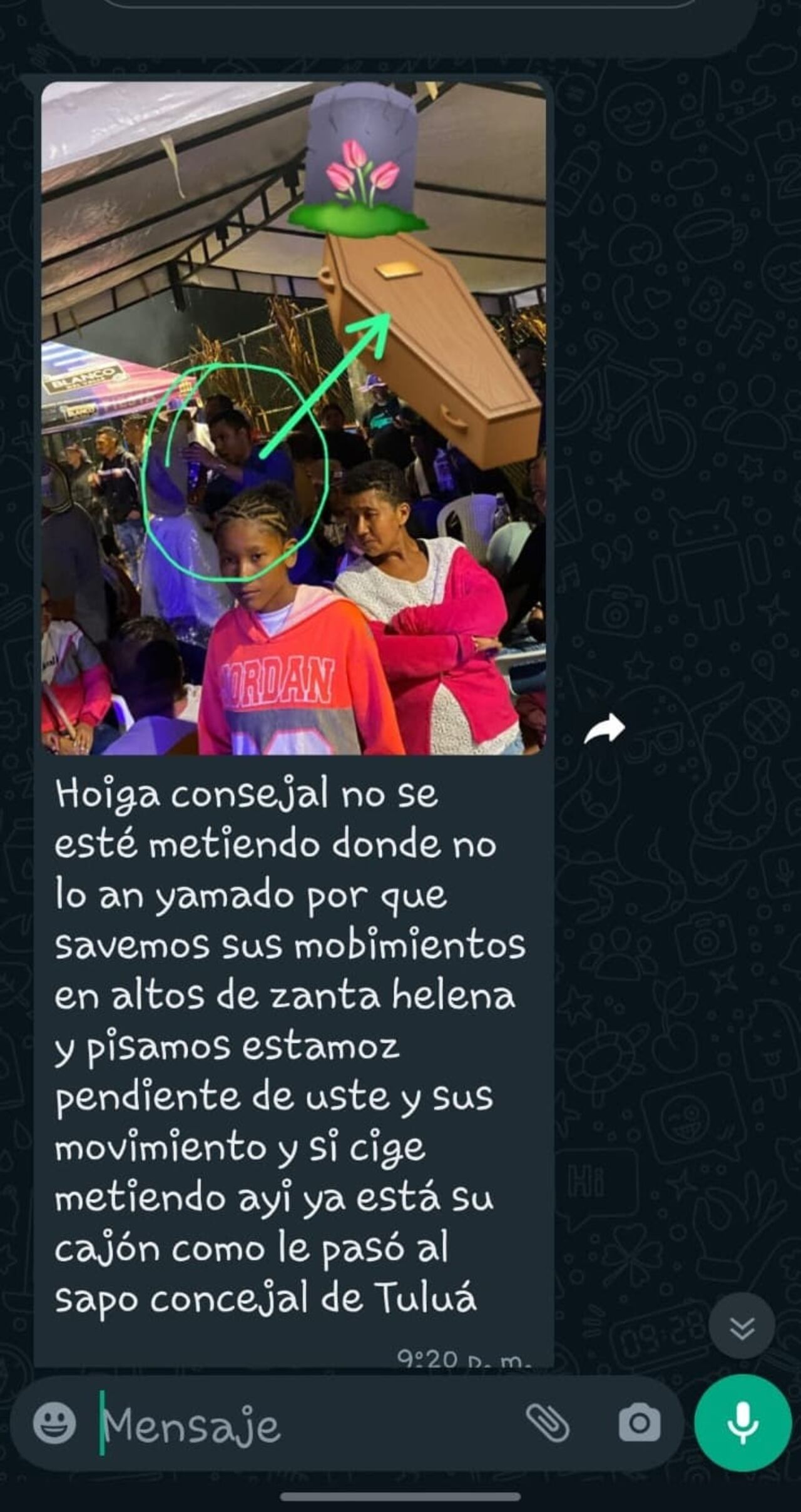 Mensaje intimidatorio en contra de la vida del concejal Marlon Cubillos.