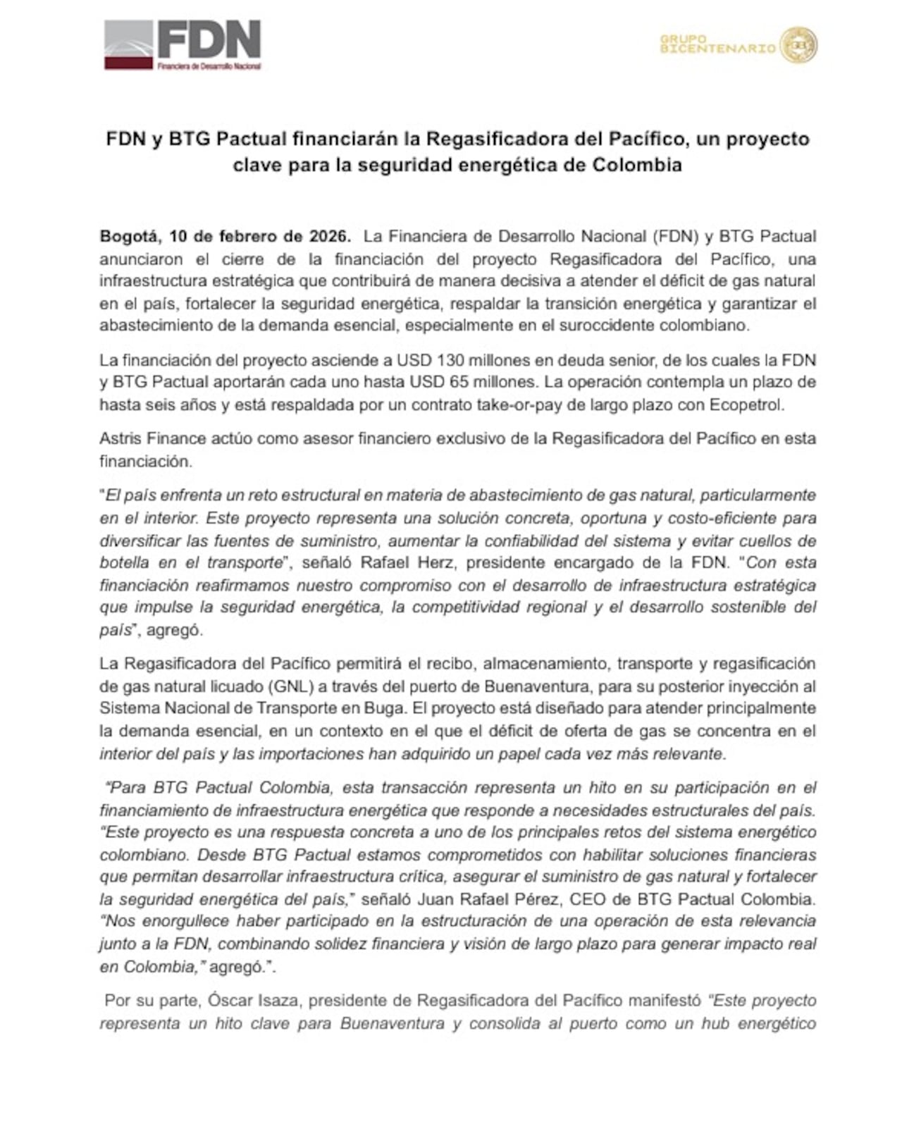 Buenaventura se consolidará como eje energético con financiación de la Regasificadora del Pacífico.