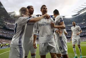Cristiano Ronaldo celebra un gol con Real Madrid ante Atlético por la ida de las semifinales de la Liga de Campeones.