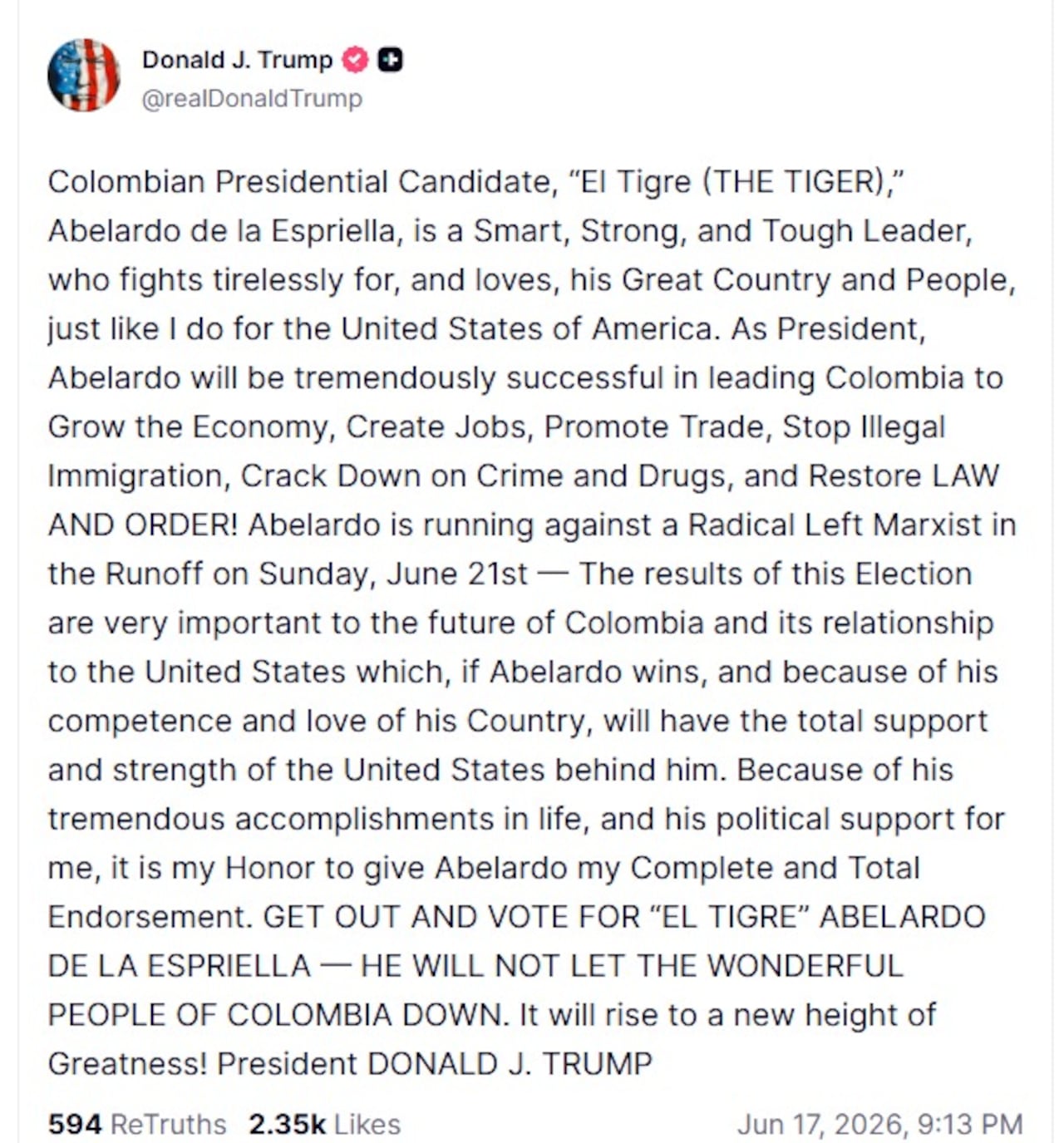Donald Trump, reiteró su mensaje de apoyo al candidato Abelardo De La Espriella