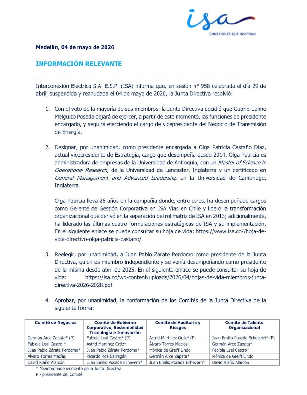 Comunicado oficial ISA