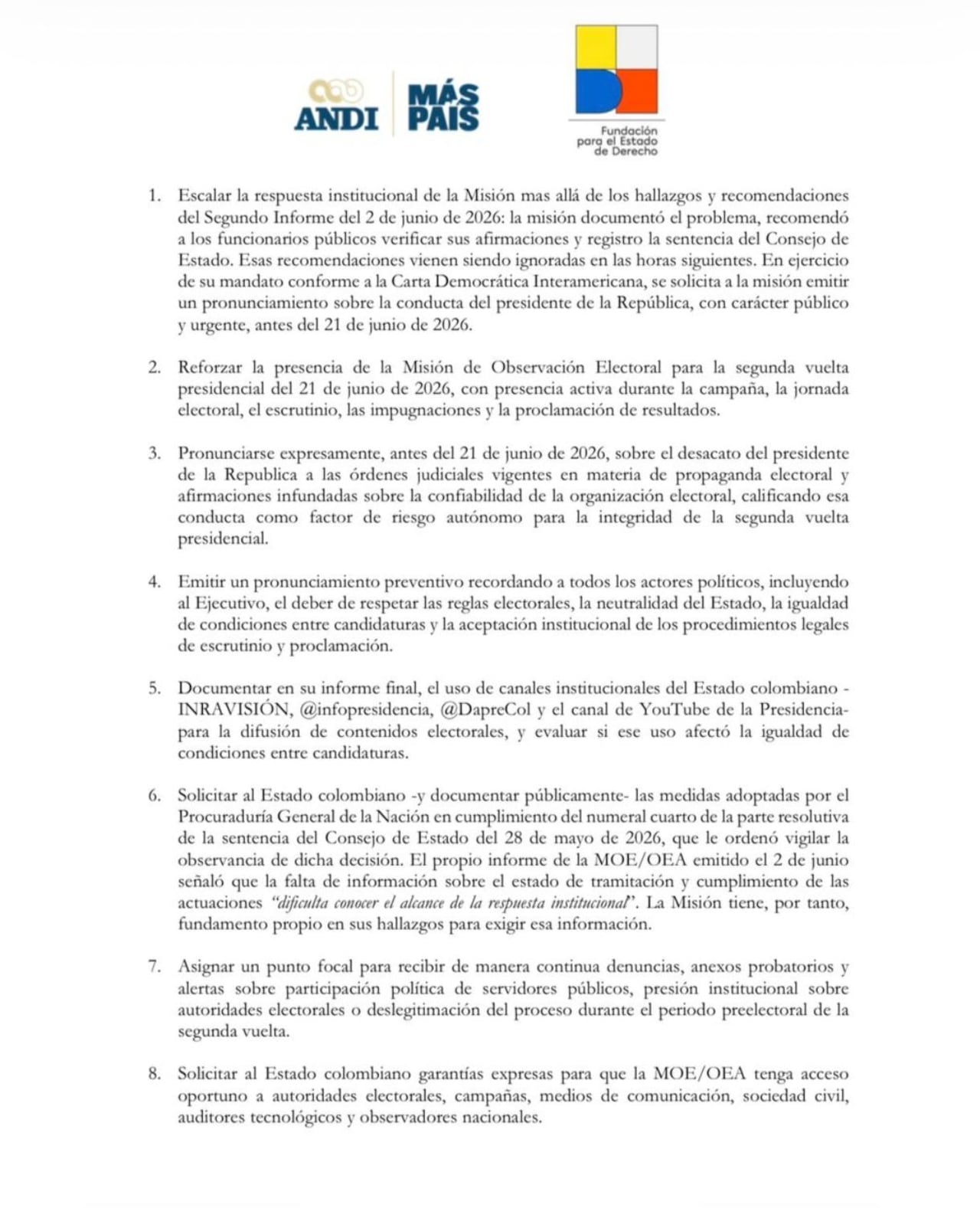 Estas son algunas de las peticiones de la ANDI para la MOE de la OEA.