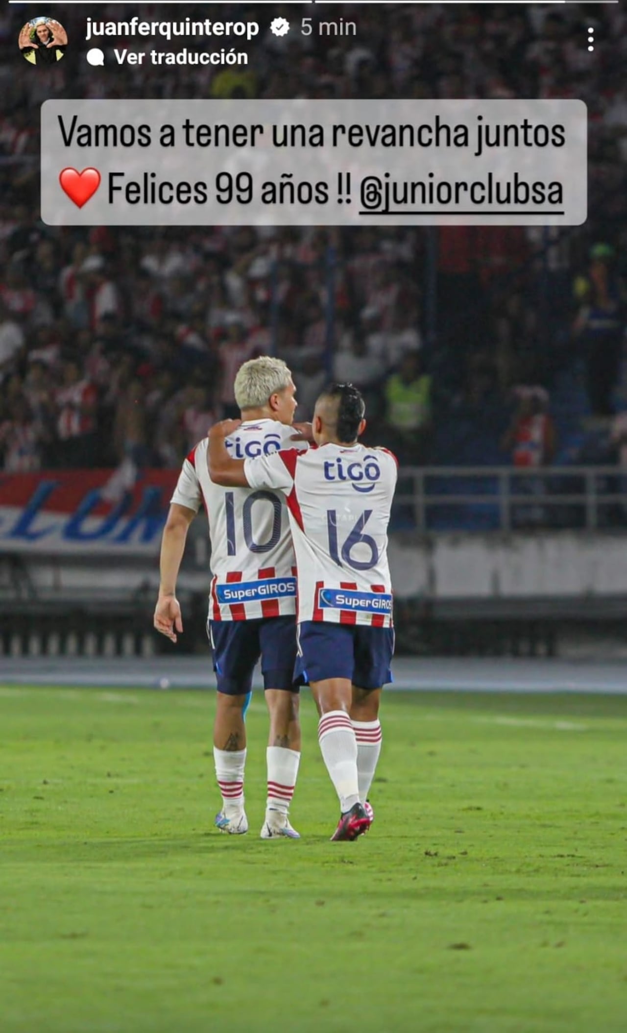 Juan Fernando Quintero y el mensaje a Junior por su cumpleaños.