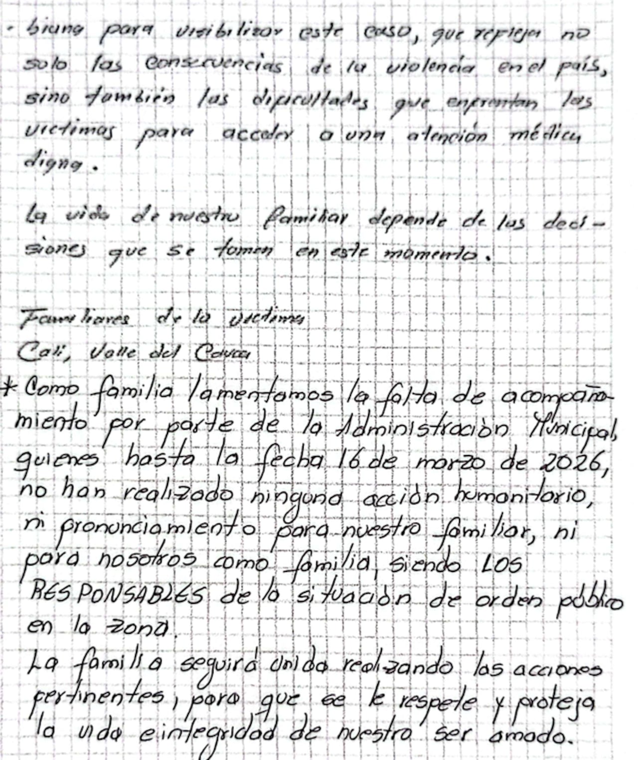 Familia denuncia riesgo para víctima de ataque armado y pide evitar traslado médico. carta a medios