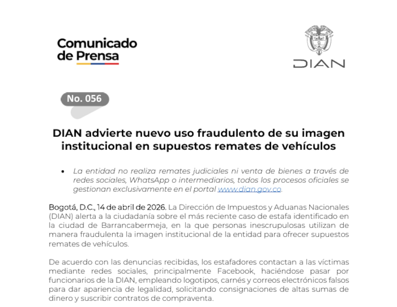 Fragmento, comunicado de la DIAN