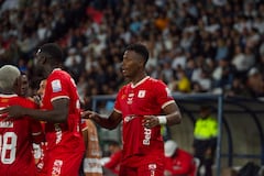 Los jugadores del América de Cali celebra el tanto de Dany Rosero frente al Once Caldas por la fecha 3 de la Liga Colombiana II-2026.