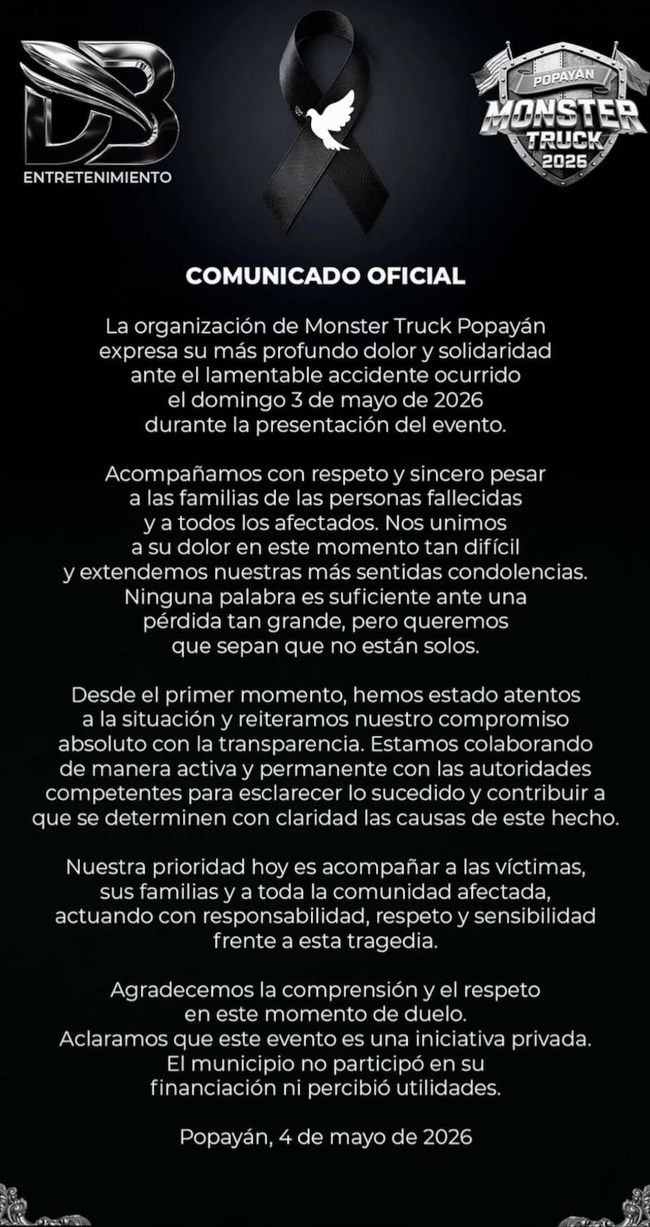 Luego de varias horas de expectativa y dolor en la capital caucana, la organización del evento Monster Truck Popayán finalmente emitió un comunicado oficial sobre la tragedia ocurrida durante la presentación realizada en el sector del Sexto Bulevar Rose, al norte de la ciudad.