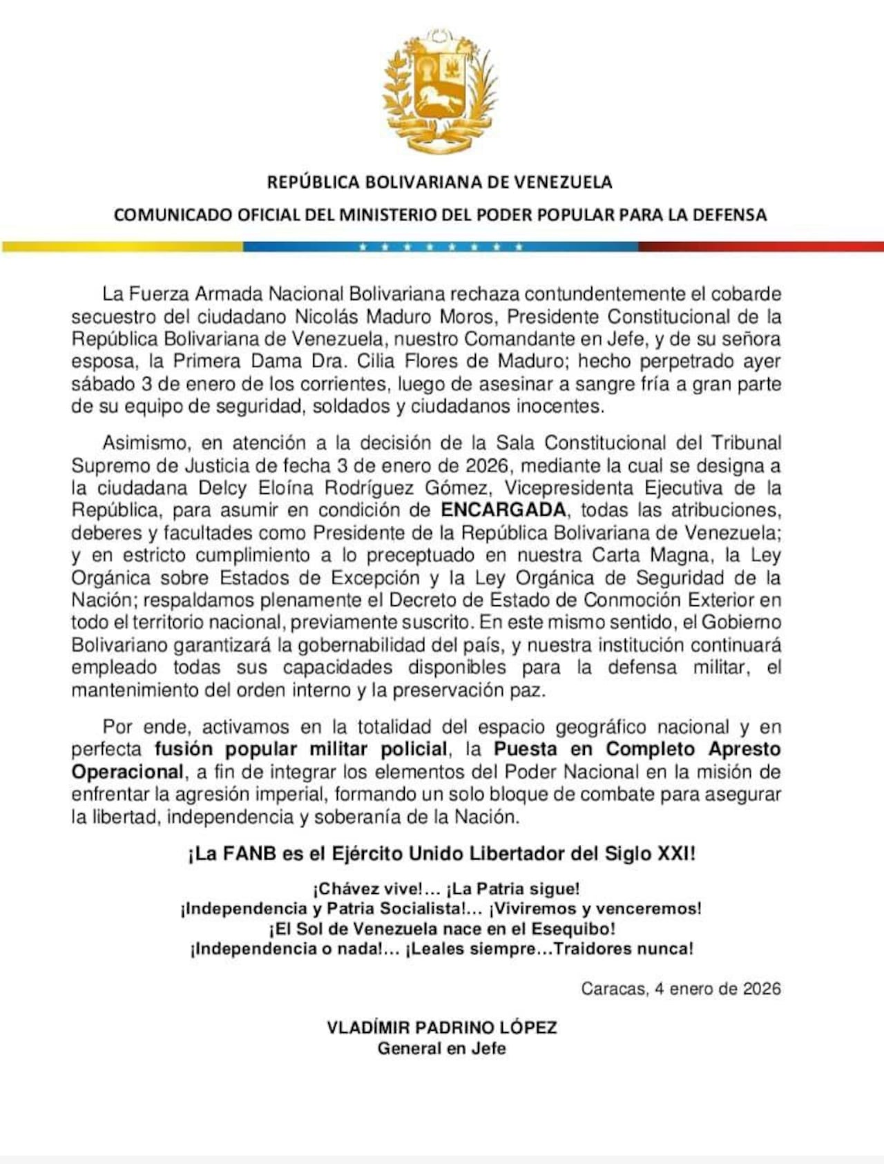 Comunicado emitido por la Fuerza Armada Bolivariana de Venezuela