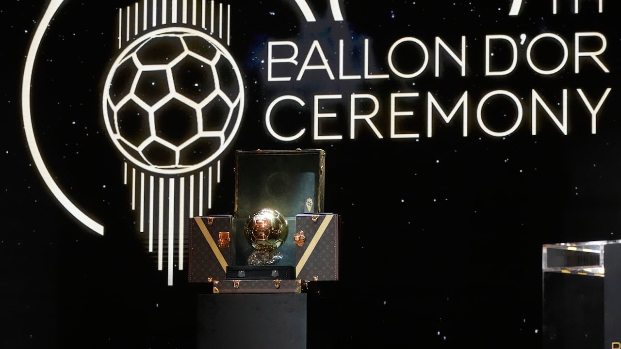 The Golden Ball is shown during the 68th Ballon d'Or (Golden Ball) award ceremony at Theatre du Chatelet in Paris, Monday, Oct. 28, 2024. (AP Photo/Michel Euler)