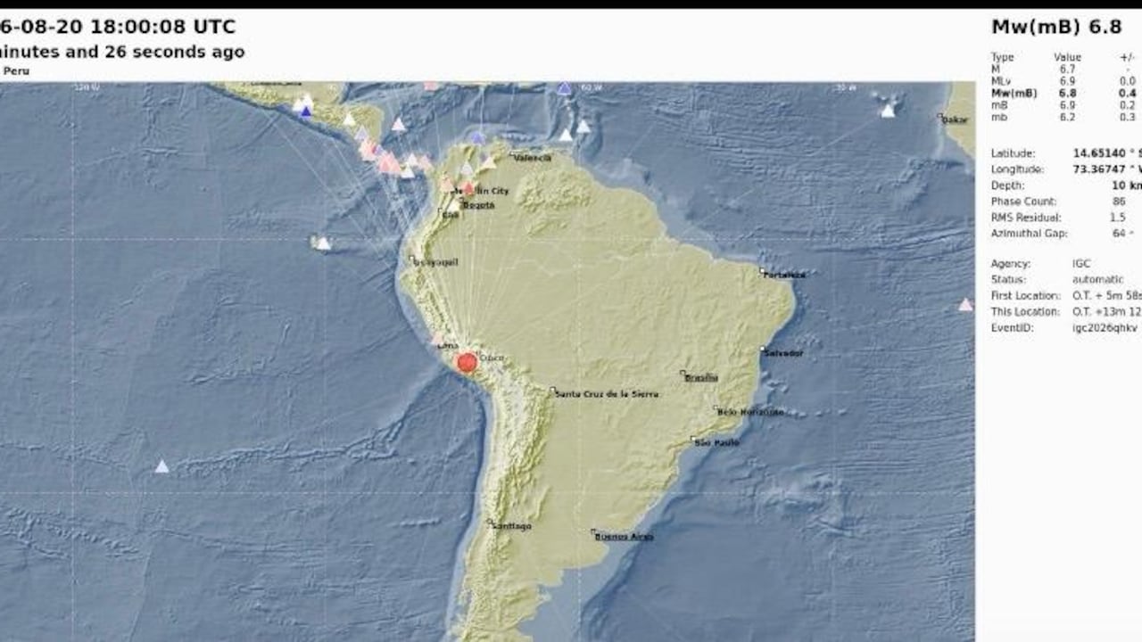 Terremoto en Perú este 20 de agosto de 2026.