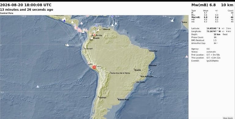 Terremoto en Perú este 20 de agosto de 2026.