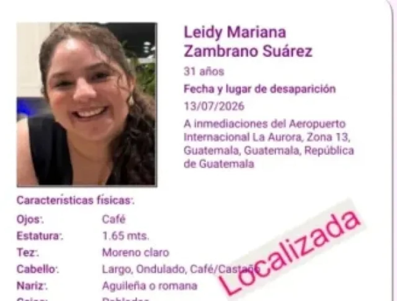 Reporte de desaparición de la mujer colombiana en Guatemala.