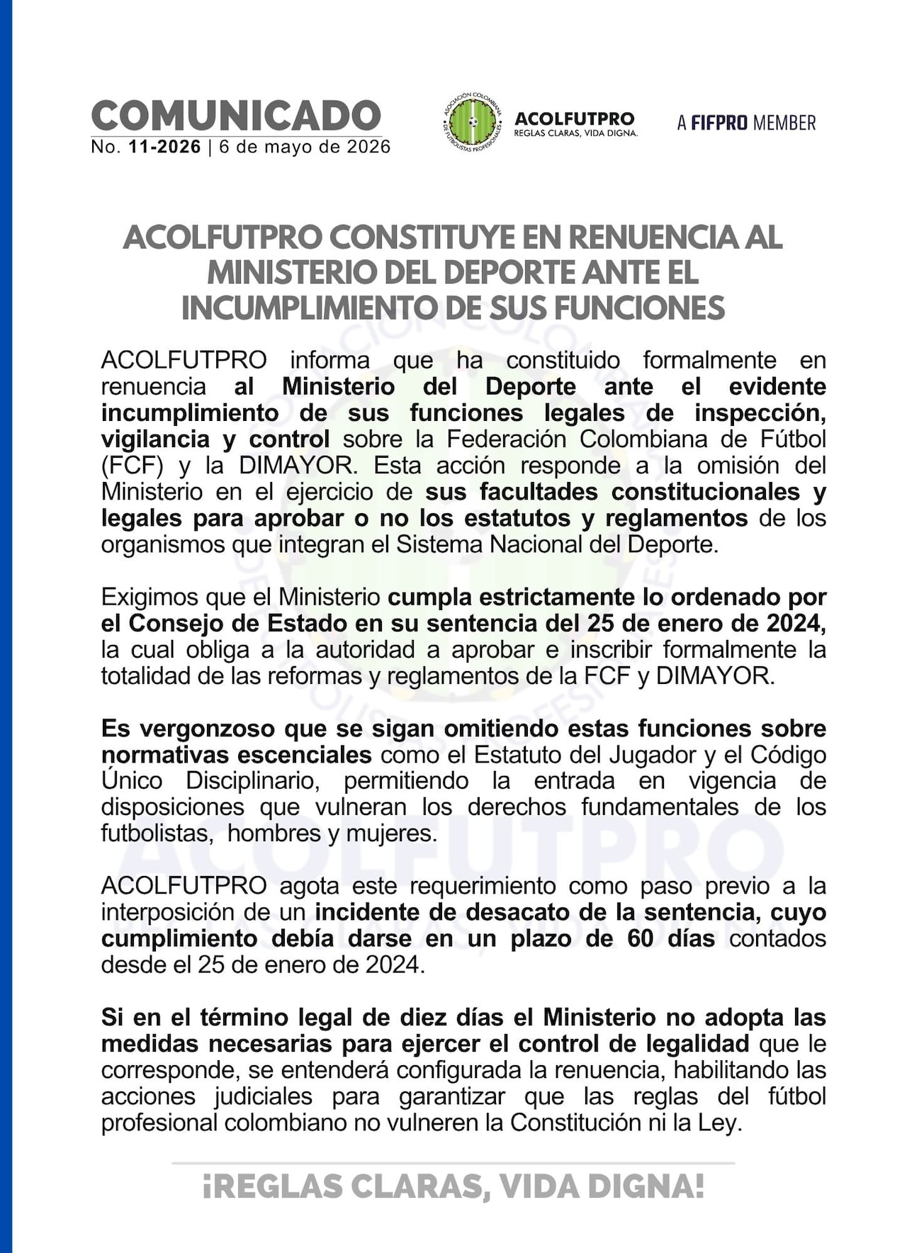 ACOLFUTPRO constituye en RENUENCIA al Ministerio del Deporte.