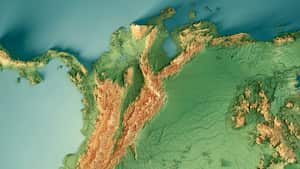 Representación 3D de un mapa topográfico de Colombia.
Todos los datos de origen son de dominio público.
Textura de color: Elaborado con Natural Earth.
http://www.naturalearthdata.com/downloads/10m-raster-data/10m-cross-blend-hypso/
Textura de relieve: datos SRTM cortesía de NASA JPL (2020). URL de la imagen de origen:
https://e4ftl01.cr.usgs.gov//DP133/SRTM/SRTMGL3.003/2000.02.11
Textura del agua: Cuerpo de agua SRTM SWDB:
https://dds.cr.usgs.gov/srtm/version2_1/SWBD/
Límites Nivel 0: Unidad de Información Humanitaria HIU, Departamento de Estado de EE. UU. (base de datos: LSIB)
http://geonode.state.gov/layers/geonode%3ALSIB7a_Gen