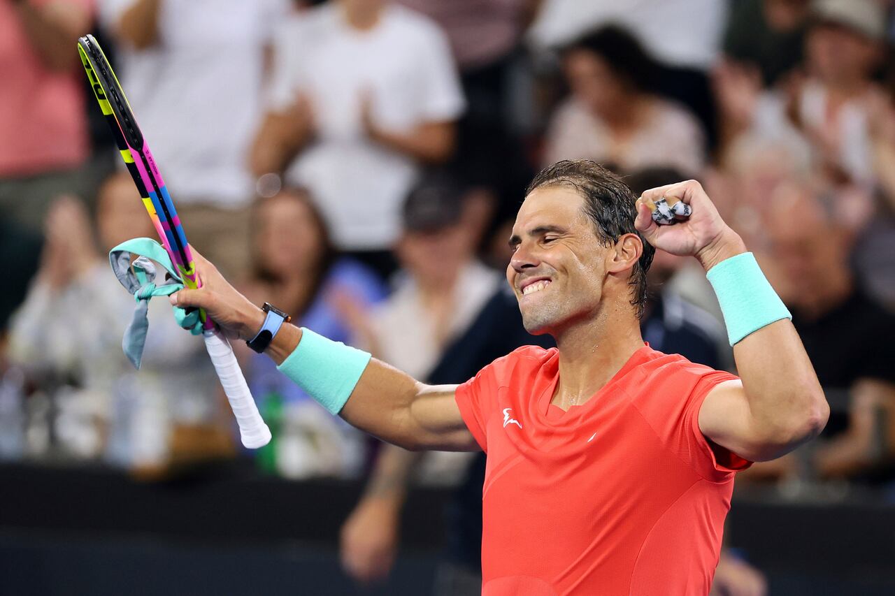 Rafael Nadal of Spain reacts after winning his match against Dominic Thiem of Austria with 7-5, 6-1, during the Brisbane International tennis tournament in Brisbane, Australia, Tuesday, Jan. 2, 2024. (AP Photo/Tertius Pickard)