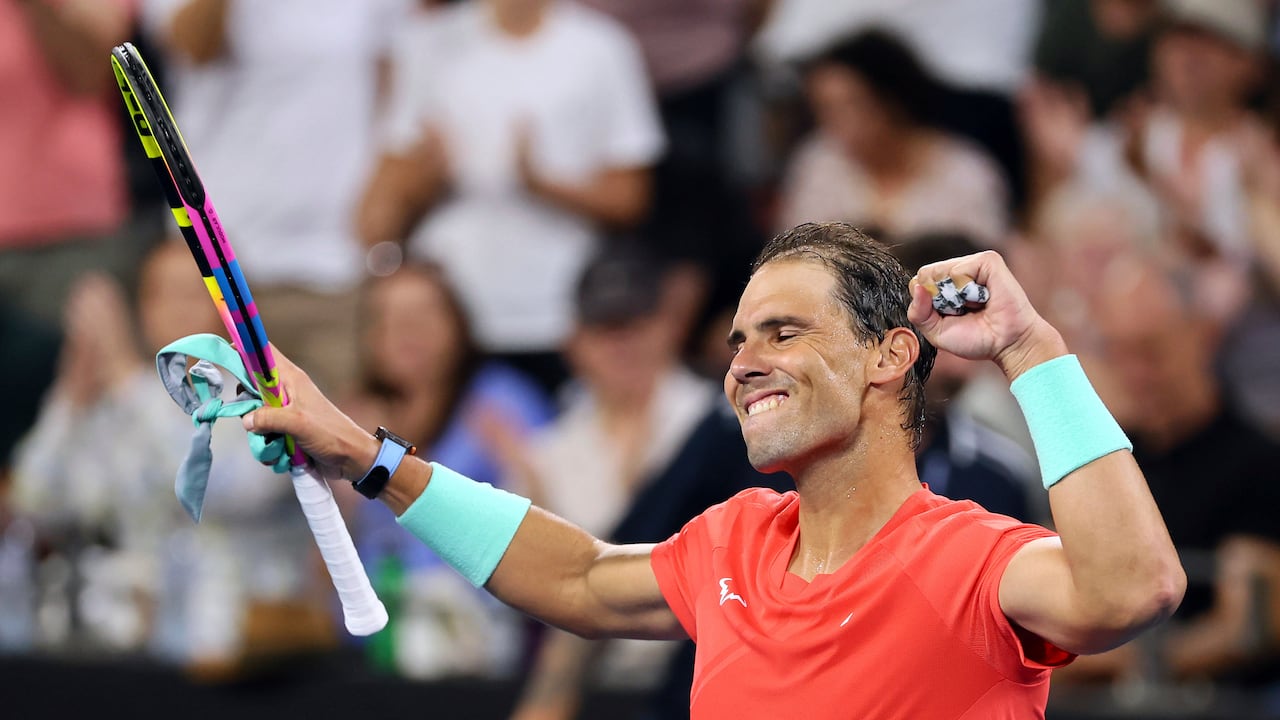 Rafael Nadal of Spain reacts after winning his match against Dominic Thiem of Austria with 7-5, 6-1, during the Brisbane International tennis tournament in Brisbane, Australia, Tuesday, Jan. 2, 2024. (AP Photo/Tertius Pickard)