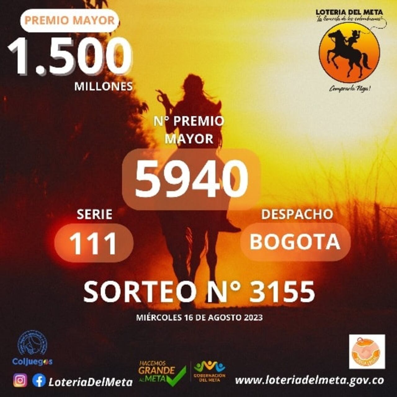 El número ganador de la Lotería del Meta para el 16 de agosto.