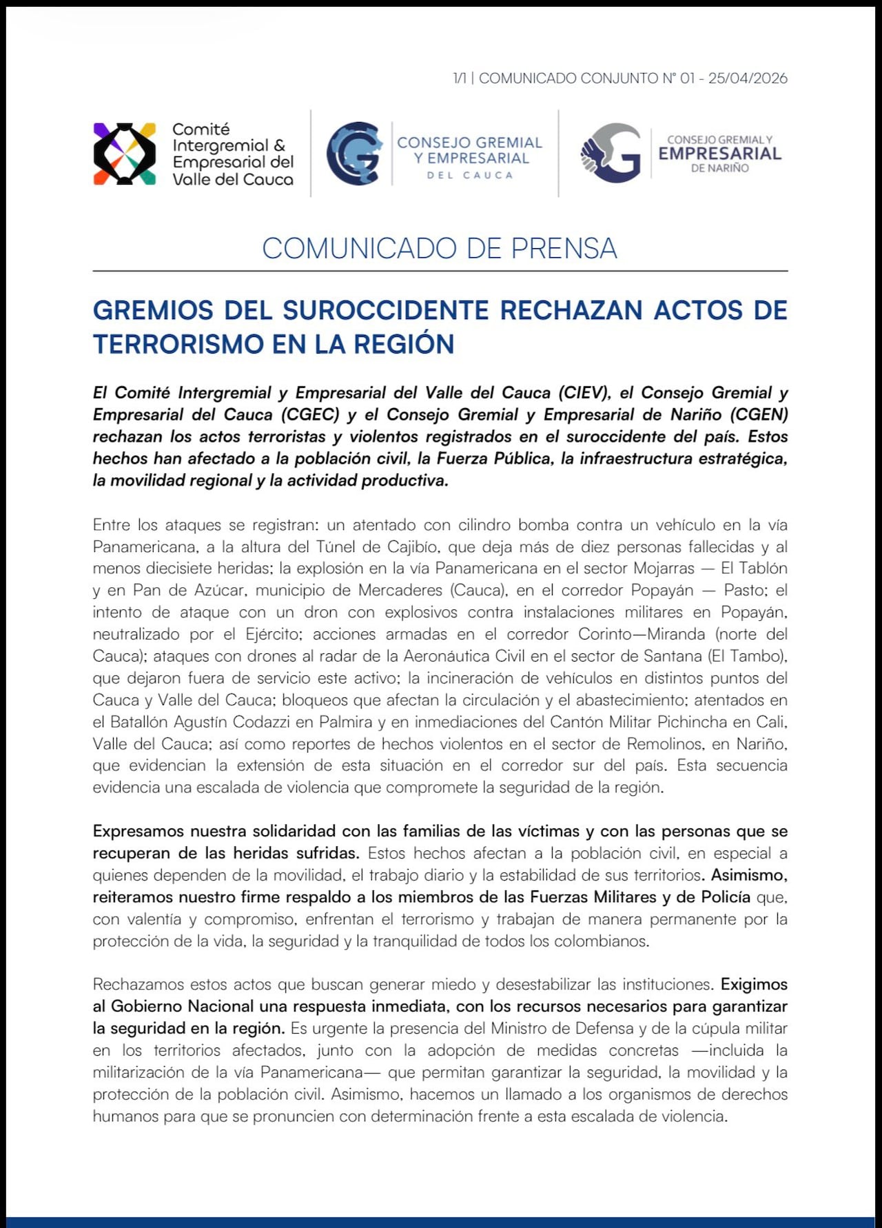 Comité Intergremial y Empresarial Valle del Cauca rechaza los actos de terrorismo en el suroccidente del país.
