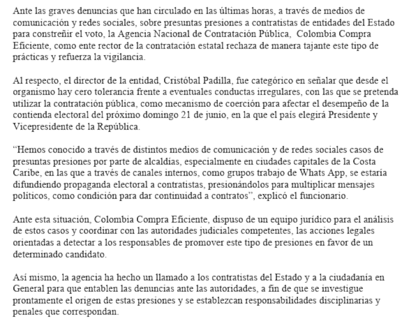 Este es un apartado del comunicado emitido por la Agencia Nacional de Contratación.