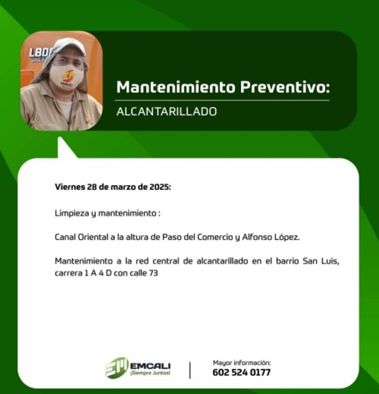 Reparaciones y mantenimiento Emcali para este viernes 28 de marzo