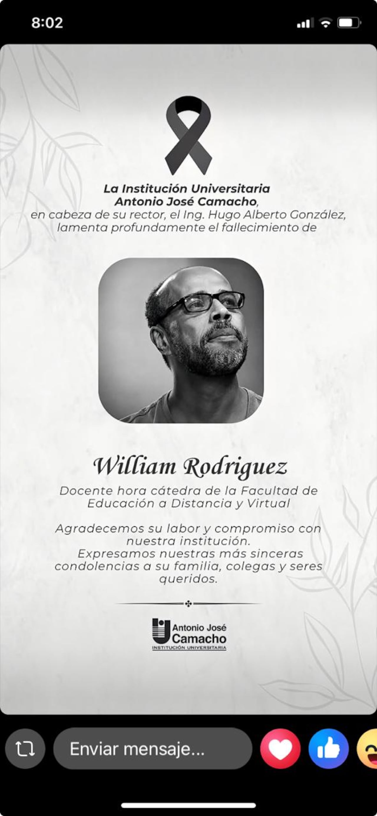 William Rodríguez, profesor de música que inculcó valores a través de sus canciones en varias familias caleñas.